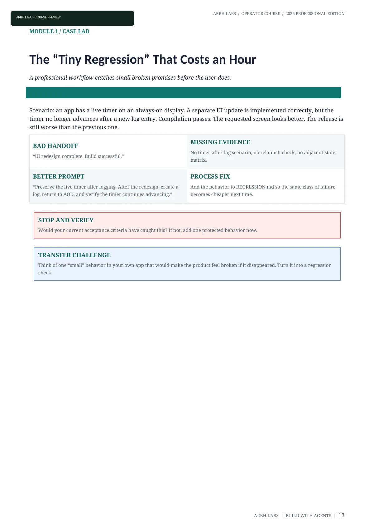 Worked regression case about catching broken behavior with evidence