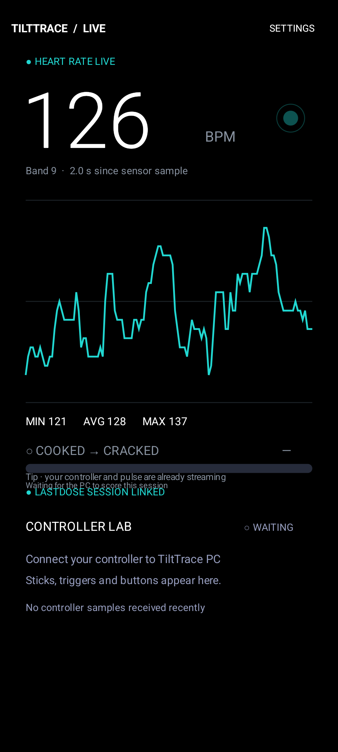 TiltTrace live view showing a heart-rate graph and controller status