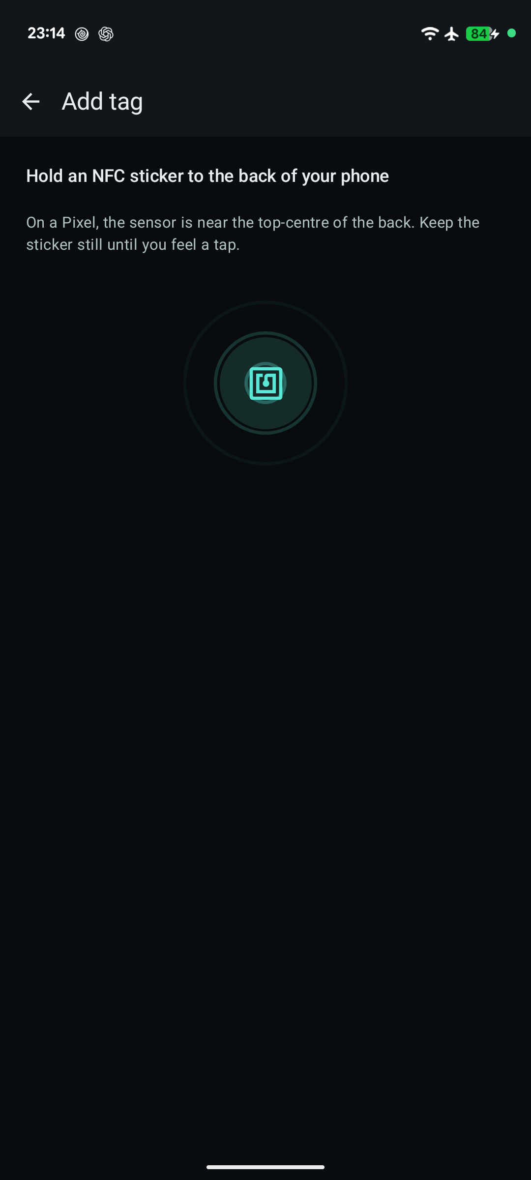 TapRelay screen prompting you to hold a blank NFC sticker to the back of the phone